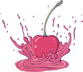 Wall Mural - Whole red cherry on a stalk with juice splash. Liquid drops. Vector illustration in hand drawn cartoon style. Close up sweet fruit ingredient for fresh juice isolated on white