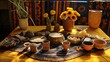 Altar for ceremony with Shipibo fabric, pots with indigenous bead art, kuripes for applying snuff, yellow flowers and crystals.



