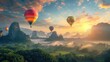 View of several beautiful hot air balloons flying high in the sky. Generated AI image