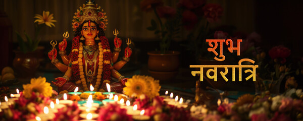 Wall Mural - Deity statue with lit candles surrounding it, creating an aura of divinity