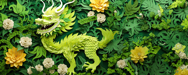 Sticker - Dragon Wallpaper Border - Green and Yellow Dragon with Flowers