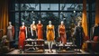 Boutique display window with mannequins in fashionable dresses.


