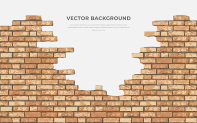 Wall Mural - Vector realistic broken brown brick wall on white background. Hole in flat wall texture. Orange textured brickwork with gap for web, design, background, wallpaper.