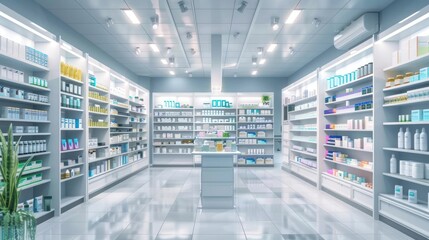 Wall Mural - Modern clean a drugstore room with full of shelves of containing medicines. Generated AI image