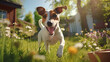 Adorable pedigreed Smooth Fox Terrier happily play