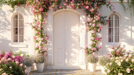  a white decorative entrance door adorned with a soft pink flowers garland, inviting viewers into a world of elegance and charm, where every detail speaks of warmth and welcome.
