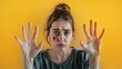 I'm afraid. Portrait of a frightened and scared young woman with a bruise or abrasion on the face, on a contrast yellow background extends arms forward in defense