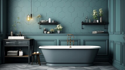 Wall Mural - Contemporary blue and green bathroom interior with bathtub and tiled wall in kinfolk style