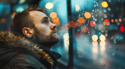 Wall Mural - A man lost in thought, looking at the city passing by from a bus window, blurred background, with copy space