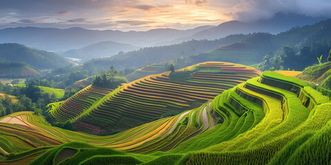 Magnificent rice terraces placed among mountains. Layers of terrace full of ripe harvest cultivated by diligent field keepers. Asian rice farm