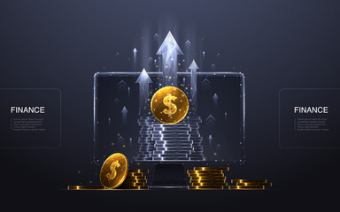 Leinwandbilder - Investment and stock market concept. An abstract digital computer monitor with a golden dollar coin, coin stack, and growth arrows up. Increase revenue technology background. Vector illustration.