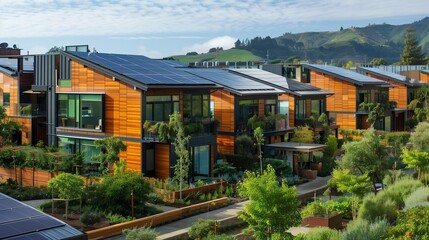 Wall Mural - Residential complex featuring energy-efficient multifamily homes adorned with verdant green balconies, rooftop gardens, and integrated solar panel systems, exemplifying sustainable urban living.