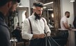 © Daniela - Barber in a barbershop makes a customer's new haircut and trims a beard
