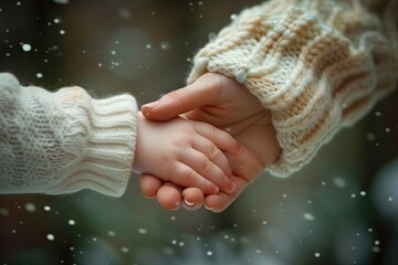 Wall Mural - Mother and child holding hands, close-up view. Winter concept. Mother's day