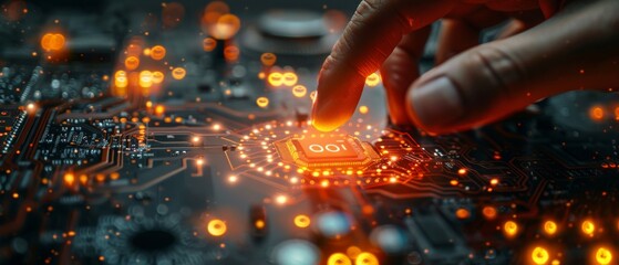 Fototapete - In modern technology concept of digital transformation, IOT Internet of things, businessman selects abstract chip with IOT text displayed on virtual screen.