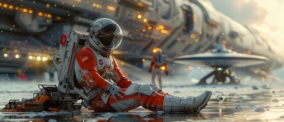 Aufkleber - On the runway of a space station, a flying saucer lands on a futuristic spaceship with a cosmonaut seated on it. Sci-fi illustration of an astronaut in a futuristic spacesuit.