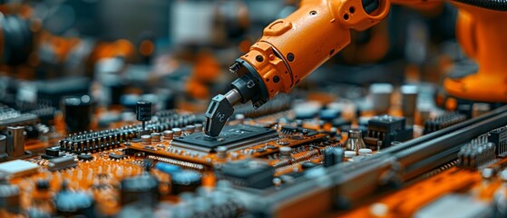 Fototapete - Robotic arms on assembly lines manufacturing circuit boards with chips, CPUs, and electronic components. Electronics manufacturing technology. Robotic arm or manipulator on a factory floor.