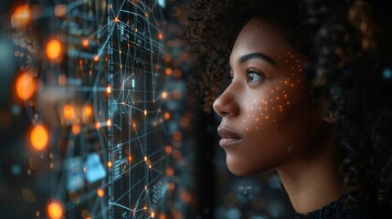 Aufkleber - A black woman working in an office with a futuristic graphical user interface concept. IT (Information and Communications Technology).