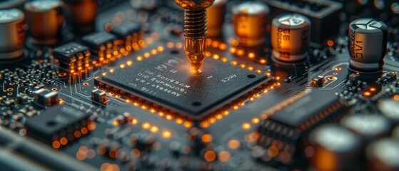 Aufkleber - Crystal semiconductor chip manufacturing technology. Robotic arm producing crystal semiconductor processors. Electronics industry equipment. Manufacturing of nanotechnology chips.