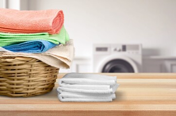 Poster - Stack of clean fresh aroma laundry in bathroom