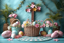 A Tranquil Easter Setting With Painted Eggs, Woven Baskets, And Delicate Pink Blossoms Against A Turquoise Backdrop. Generative AI