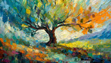 Fototapeta Fototapeta z niebem - Samotne drzewo, obraz olejny, dekoracja generative ai
