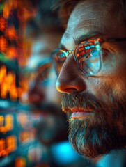 Wall Mural - A man with glasses is looking at a screen with a lot of numbers