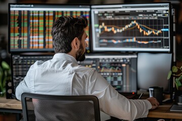 Wall Mural - A man is sitting at a desk with multiple computer monitors and a keyboard