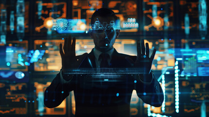businessman working with virtual screens, futuristic virtual technology use in business, data display on virtual screens 