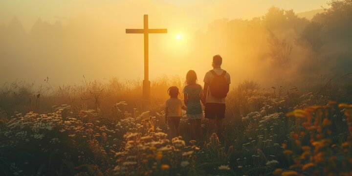 a family stands in front of the cross, a family looks for the silhouette of the cross of jesus chris