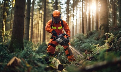 Wall Mural - Action shots of lumberjack in orange suit and safety helmet cutting the trees with chainsaw in the amazing forrest.