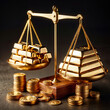 © stock AI cool cool - Gold bars on a golden scale and gold coins, finance, gold value, gold purchasing rate