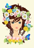 Fototapeta  - composition with spring girl, flowers and butterflies