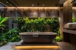 a bathtub in a bathroom with plants
