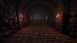Scary endless medieval catacombs with torches. Mystical nightmare concept. 3D Rendering.