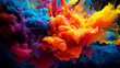 Bold and vibrant ink spots collide and merge, creating a dynamic explosion of color and shape in mid-air