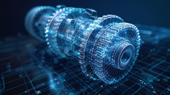 3D wireframe illustration of a gear on a dark blue background. Mechanical technology, industry development, engine work are machine engineering symbols.