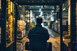behind Young man driving forklift in factory