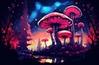a digital art of mushrooms and trees