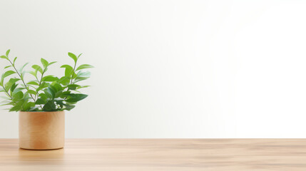 Grunge natural wooden desk top with a little plant with copy space for product advertising over blurred brushed white background