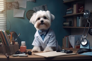 Dog in doctor's uniform on clinic background