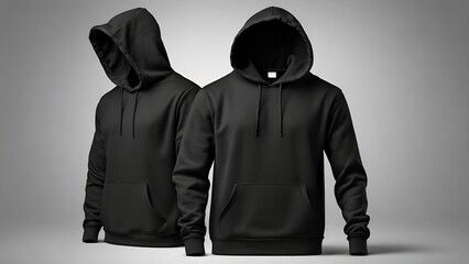 Mock up a men's black hoodie on grey background from two sides natural shape on an invisible mannequin for your design