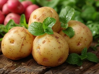 Canvas Print - raw new potatoes wooden background