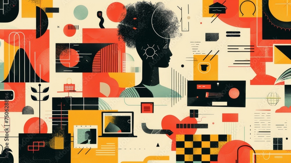 Abstract profile of a woman with afro and geometric elements. Modern ...