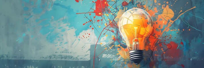 Canvas Print - Abstract light bulb with colorful splashes - Creative light bulb with vibrant blue and orange splashes representing innovation, energy, and creativity in a grunge art style