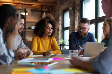 Wall Mural - group of professionals gathers for a brainstorming session, where the exchange of groundbreaking ideas takes center stage. 