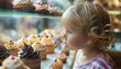 a little girl looking at cupcakes