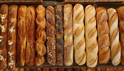 Wall Mural - Different types of bread arranged neatly in a bakery