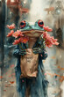 A painting of a frog holding a paper bag, set against a white background. The frog is portrayed in a cartoonish style, adding a whimsical touch to the image, postcard for World Frog Day or Leap Day 