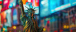 The Statue of Liberty holding a LED-lit torch, with a backdrop of electronic billboards displaying election results.